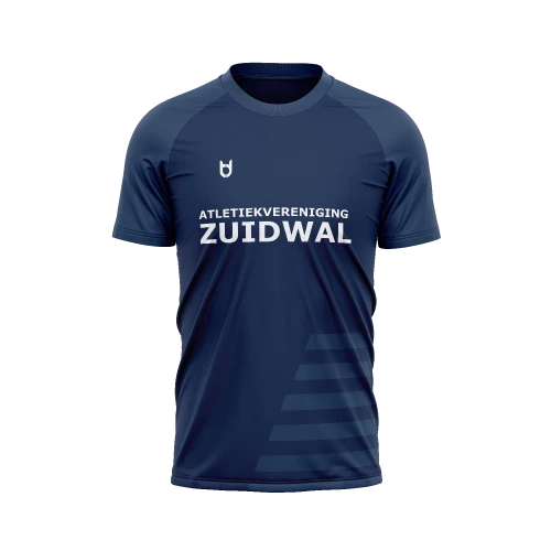 Team running t-shirt customized with blue colours and club emblem Team running t-shirt customized with blue colours and club emblem