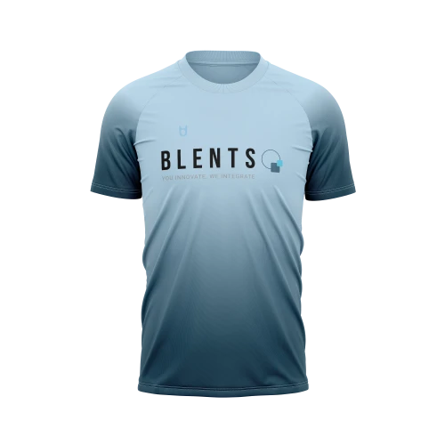 Running top designed with dark and light blue brand colours and company logo Blents Running top designed with dark and light blue brand colours and company logo Blents