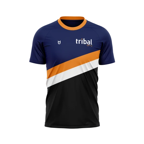 Custom-made football jersey with blue, orange, and black design from TD Custom-made football jersey with blue, orange, and black design from TD