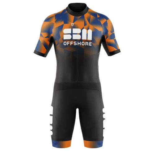 Triathlon suit for SBM with orange, blue, and black design and print Triathlon suit for SBM with orange, blue, and black design and print