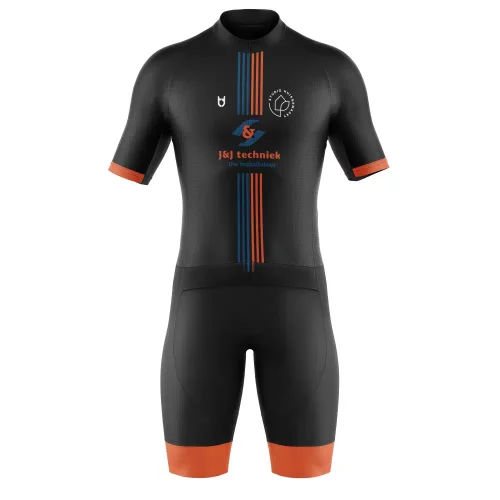 Triathlon suit in black and orange with stripes, custom design and name at TD Triathlon suit in black and orange with stripes, custom design and name at TD