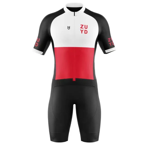 Triathlon suit for Zuyd with red, white, and black design featuring custom logo and colours Triathlon suit for Zuyd with red, white, and black design featuring custom logo and colours