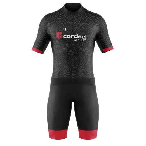 Cordeel triathlon suit with red, black, and pattern at TD Cordeel triathlon suit with red, black, and pattern at TD